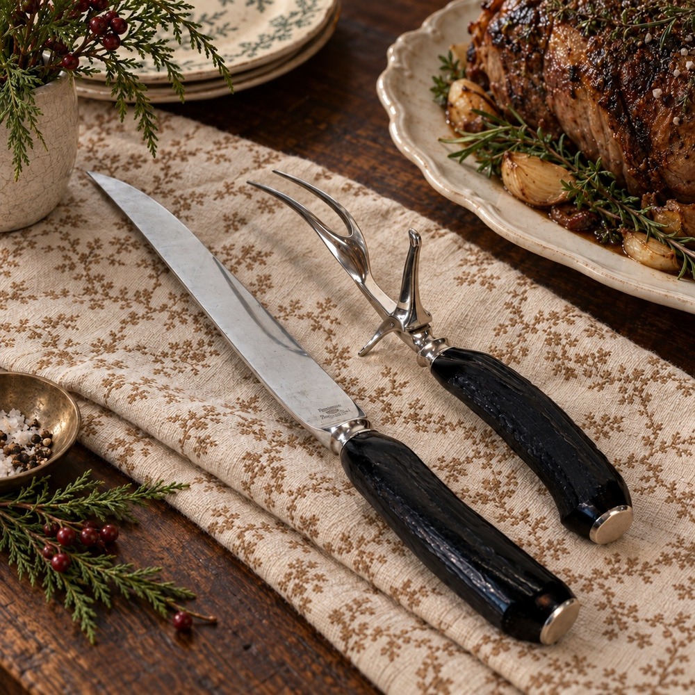 Vintage Remington DuPont Carving Knife & Two-Prong Fork Set, Black Handles